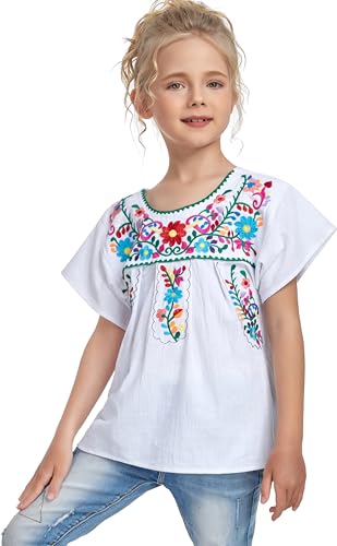 YZXDORWJ Mexican Blouse for Girls Traditional Embroidered Summer Short Sleeve Peasant Blouse for Kids2