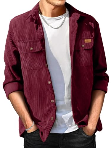 Image of Comdecevis Men's Corduroy Button Down Jacket Long Sleeve Lightweight Cotton Work Shirts Jackets with Flap Pockets Wine Red 3X-Large