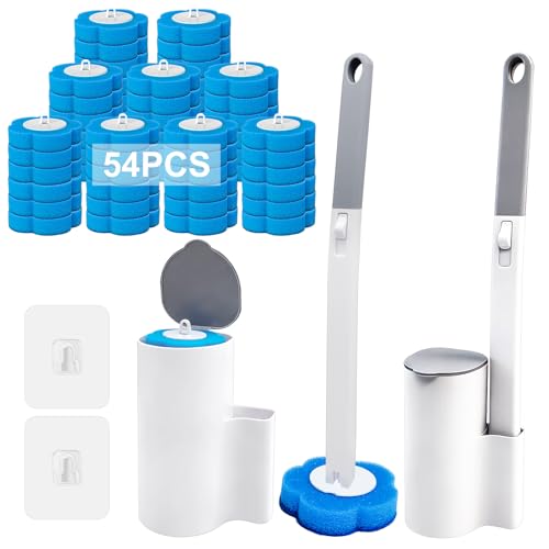 Feelhap Escobilla Baño Desechable WC, Cepillo para Inodoro con 54 Rellenos de Detergente, Toilet Brush Mango Largo Escobilla WC Escobilla Desechable con Soporte,Adecuado para Piscina Fregona Lavabo