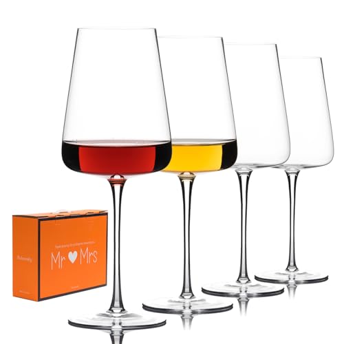 Hand Blown Red Wine Glasses Set of 4 – 20oz Burgundy Wine Glasses With Long Stem – Large Premium Crystal Wine Glass – Unique Gift for Wedding, Anniversary, Mr and Mrs Glasses Set–Clear Christmas Gift,