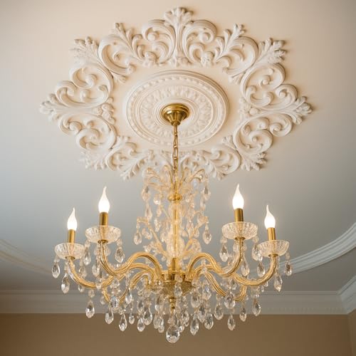 Image of Nuanchu 35.4'' Large PU Ceiling Medallion Combination Decorative 2.36'' ID French Style Chandelier Base Ceiling Medallion for Light Fixtures Victorian Rosette Light Covers for Chandeliers(Elegant)