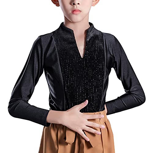 Boys Long Sleeve Latin Modern Dance Tops Slim Professional Ballroom Shirt for Kids (as1, Age, 13_Years, 14_Years, 13-14 Years) Black
