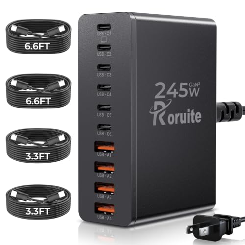 Image of USB C Charging Station 10 Port with 4 Cables,245W GaN Charger Block | Type C Wall Charger Power Strip Adapter Plug for iPad iPhone17 16 15 14 13 12 Pro Max Pixel Note Galaxy Black