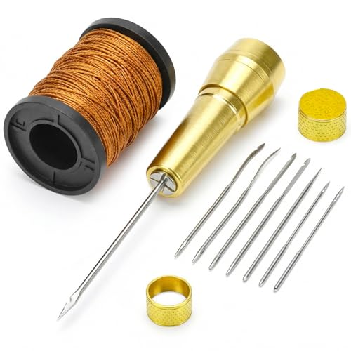 QWORK Leather Sewing Awl Kit Copper Handle with 6 Interchangeable Needles 50m Nylon Cord Thread & 2 Thimbles Upholstery Repair Tool Set for Shoes Canvas & DIY Stitching