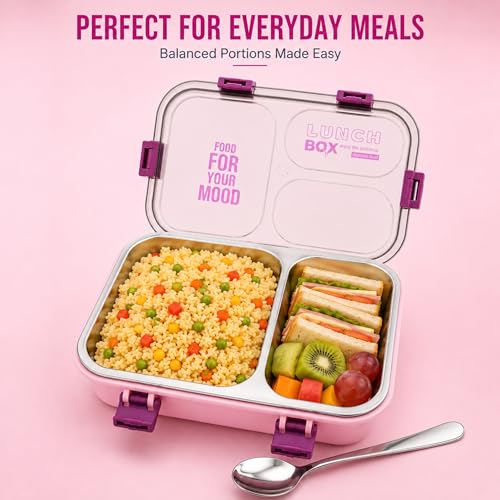 Image of Stainless Steel Lunch Box with 3 Compartments Leak Proof Airtight Lid BPA Free Food Storage Container Durable Portable Bento Tiffin for Kids, School Picnic (2 Compartment Pink)