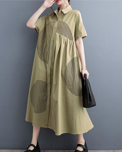 Image of ellazhu Women's Short Sleeves Button Down Patchwork Pattern Print Shirt Dress GZ151
