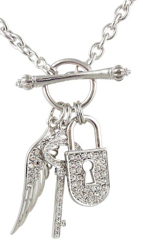 SheridanStar Silver tone Designer Inspired Crystal Padlock Key Angel Wing Charms Toggle Necklace Fashion Jewelry Gift