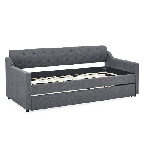 KEIKI Twin Size Upholstery Daybed with Trundle and USB Charging Design, Twin to King Design Mid-Century Extendable Sofa Bed, Easy Assembly, No Box Spring Required, for Bedroom, Dark Gray