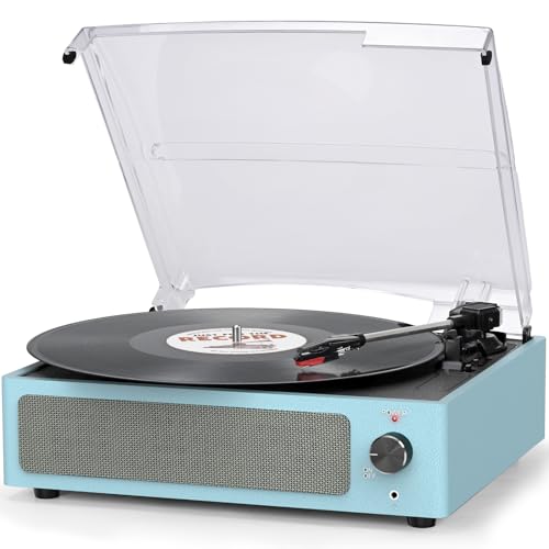 Vinyl Record Player with Speakers Vintage Turntable for Vinyl Records Belt-Driven Turntable Support 3-Speed, Wireless Playback Headphone AUX-in RCA Line LP Players for Sound Enjoyment New Sleek Blue