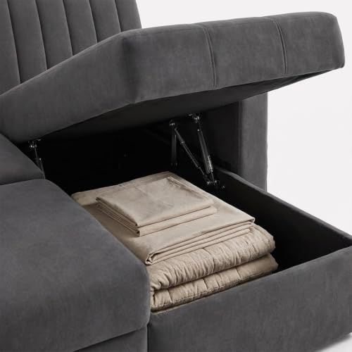 Image of CASASTYLE Kyagar 4 Seater RHS L Shape Sofa with Pull Out Bed & Storage Lounger | Premium Soft Velvet Suede Fabric | Comfort Cushions | Ideal for Living Room, Hotel & Office (Dark Grey)