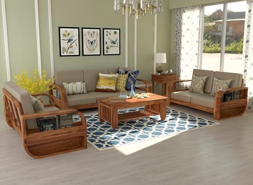 Image of Wooden 7 Seater Sofa Set for Living Room | Seven Seater Sofa for Office & Lounge | 3+2+2 Seater Sofa Sets for Home | Sheesham Wood (3+2+2 Seater,Honey)