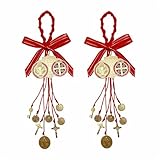 Escapularios Catolicos,2PCS Golden Saint Benedict Medal Protection Blessing Charm, St Benedict Crucifix, Catholic San Benito Medalla Pendant Handmade Jewelry Gift Car Hanging Home Decor (Red)