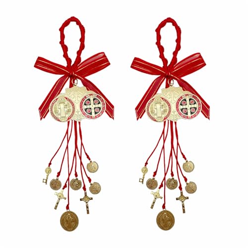 Escapularios Catolicos,2PCS Golden Saint Benedict Medal Protection Blessing Charm, St Benedict Crucifix, Catholic San Benito Medalla Pendant Handmade Jewelry Gift Car Hanging Home Decor (Red)