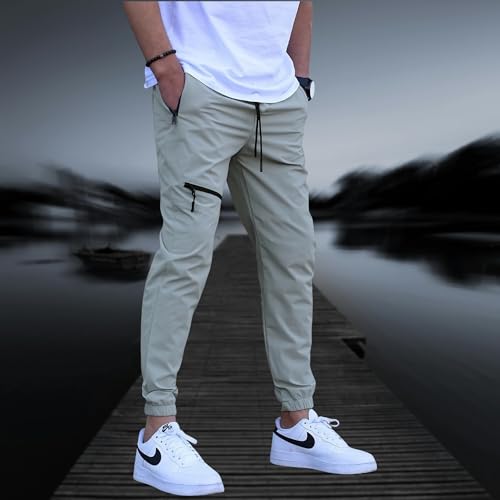 Image of Men's Regular-Fit Cargo Joggers | Trendy Lightweight Track Pants with Multi Zipper Pockets & Adjustable Waist | Versatile Trousers for Exercise, Travel & Lounge Wear