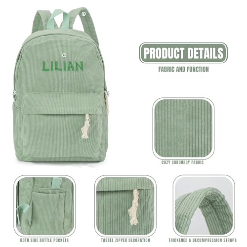 MT WORLD Kids Corduroy Backpack Personalized Toddler Backpacks for Boys - Custom Green Toddler Bookbag with Embroidered Name - Infant Daycare Bag for School Travel - Fit for Folder4