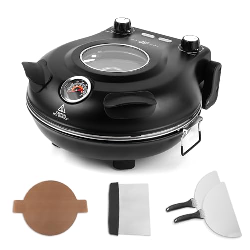 KLAIF - Horno eléctrico para pizza con piedra cerámica de 31 cm, dos controles de temperatura ajustables, incluyendo 4 utensilios de pizza, LMC-Black
