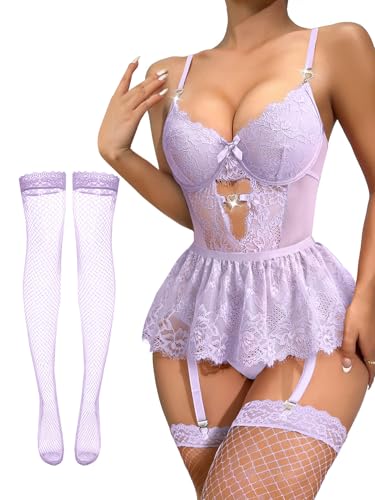 Image of Lilosy Sexy Lingerie Set 3 Piece Women Corset Bodysuit Skirt | Rhinestone Heart Stocking Garter Plus Size Underwire Mesh Sheer Lace Push Up Babydoll Halloween Christmas Valentine's Bridal