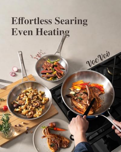 Image of VocVoi Stainless Steel Pan, 12 Inch Frying Pan, PFOA & PTFE Free, Non Toxic Skillet, Dishwasher & Oven Safe, Induction Compatible, Ceramic & Gas Cooktops