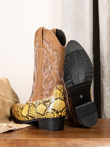 Image of Python Manning Men's Boots Cowboy for Men Classic Pointed Toe Western Pull Up Snakeskin Embroidered Mid-Calf Boots