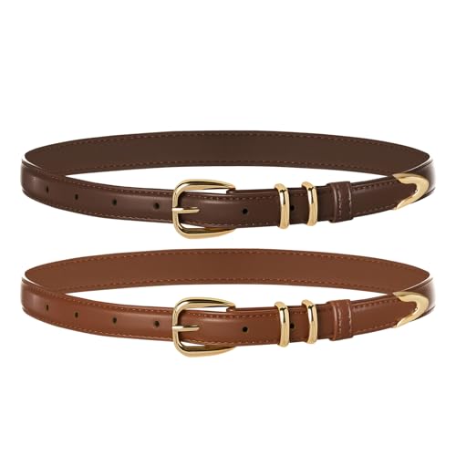 Belle Poque 2 Pack Women Skinny Leather Belts Fashion Ladies Thin Waist Belt with Gold Buckle for Jeans Pants Dresses
