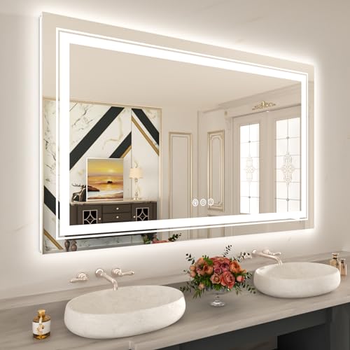 Image of WTTY LED Bathroom Mirror 55 inchx30 inch with RGB Backlit and Front Light,Stepless Dimmable LED Mirror for Bathroom,Colored Lighted Bathroom Vanity Mirror,Anti-Fog,Memory Function,Shatter-Proof