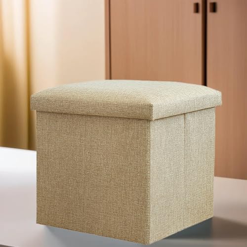 Image of Kuber Industries Cardboard Storage Stool - Square Toy Box, Foot Rest, Folding Seat, Wardrobe Organizer For Clothes-Books, Living Room Storage Box - S Zh003Bg Beige