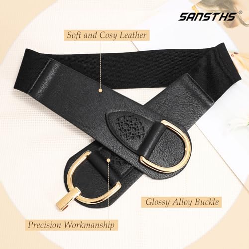 SANSTHS Vintage Women Stretchy Wide Belt Chunky Buckle Elastic Wide Waist Belts for Dresses Coats