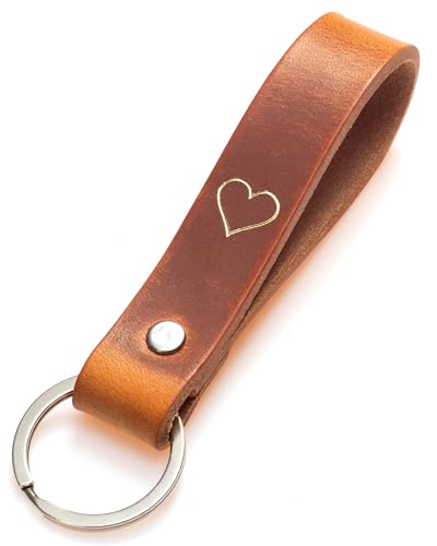 ELBERCRAFT® Schlüsselanhänger Leder Herz Geschenk für Frauen oder Männer pflanzlich gegerbt braun mit gravur gold 12 cm made in Germany Leather Keychain