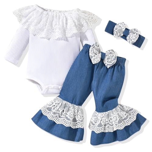 Image of HINTINA Newborn Baby Girl Short Sleeve Bodysuit Flared Pants Ribbed Outfits