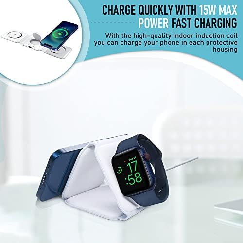 Quipcore 3 in 1 Foldable Wireless Charging Charger Station, 15W MagSafe Compatible with iPhone 14/13/12/SE/11/XS/8,Samsung Galaxy, Apple Watch and AirPods (white)