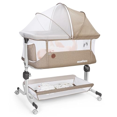 Image of MOMFANN Baby Bassinet Bedside Sleeper, Upgraded Stability Bedside Crib with Full Mesh Sides, Soft Sheet, 6-Height Adjustment, Storage Basket, Easy Folding Portable Bassinet for Newborns,Camel