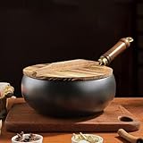 Sartén de hierro forjado a mano, olla grande de hierro fundido para estufa, horno e inducción, sin revestimiento para cocinar, 26,5 x 13,5 cm (olla de 28 cm + tapa de madera)