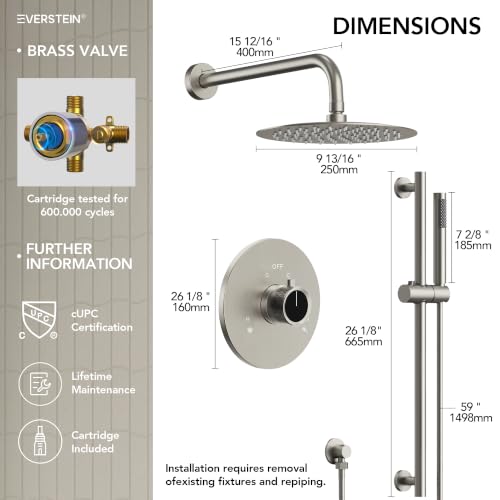 Sistema de ducha eléctrica lluvia redonda de alta presión de 10" con barra deslizante y ducha de mano, grifería para baño montaje en pared con válvula (Níquel cepillado) miniatura 7