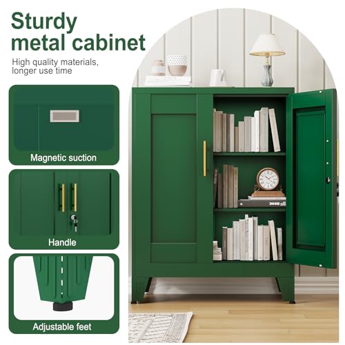 Green Metal Storage Cabinet, 36" Tall Locking Storage Cabinet with 2 Adjustable Shelves, Steel Locker Organizer, for Office, Home, School