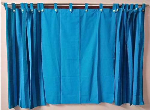 Image of 5 Feet Cotton Striped & Solid Light Filtering Button Type Tab Top Loop Window Semi Sheer Curtain, Blue Multi, Pack Of 3
