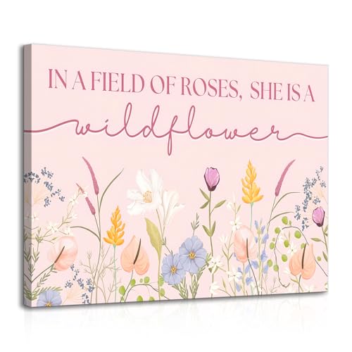 Dazzlewall Framed Inspirational Wildflower Wall Art,Soft Pink Floral Encouraging Quote Canvas Prints for Girls Dorm Bedroom Living Room Decor 12x16 in
