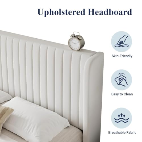 Image of HITHOS Frosted Solid Wood Modern Upholstered King Size Bed with Wingback Headboard | Wooden Double Bed Cot Palang Furture Without Storage (Cream)