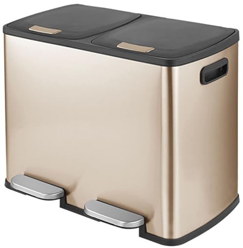 QPQPQ Bote de Basura Escalonado de Doble Compartimento Grande, Papelera de Basura y Reciclaje Doble de Acero Inoxidable con Pedal y Tapa de Cierre Suave para Cocina, Sala de Estar, Oficina,Oro,40L