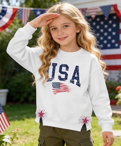 Image of Ithalt Kids USA Sweatshirt Boys Girls 4th of July Shirt American Patriotic Pullover with Embroidered Side Slits 5-14y