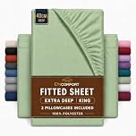 CHCOMFORT Extra Deep King Fitted Sheet with 2 Pillowcases - Sage Green Microfiber, All-Around Elastic 40cm depth, Wrinkle-Free, Fade Resistant - Suitable for All! (Sage Green, King)