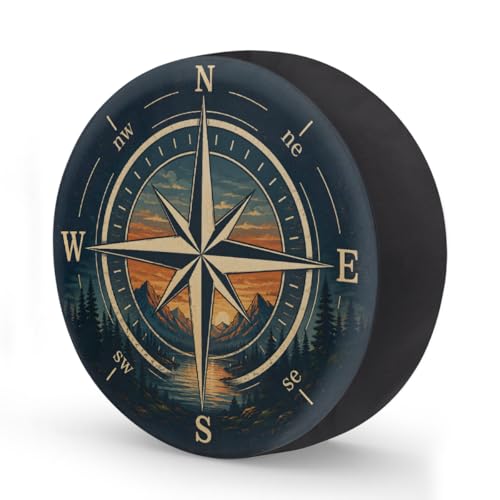 Image of Retro Mountain Compass Spare Tire Cover Wheel Covers Protectors Waterproof Dust-Proof Universal Fit Trailer, RV, SUV and Many Vehicle 17 Inch,C-07