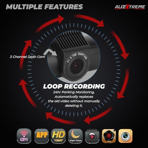 Image of AllExtreme X13 2K 3 Channel Dash Cam 1440P Front 1080P Inside HD Loop Video Recording with 128 GB SD Card Night Vision (Black)