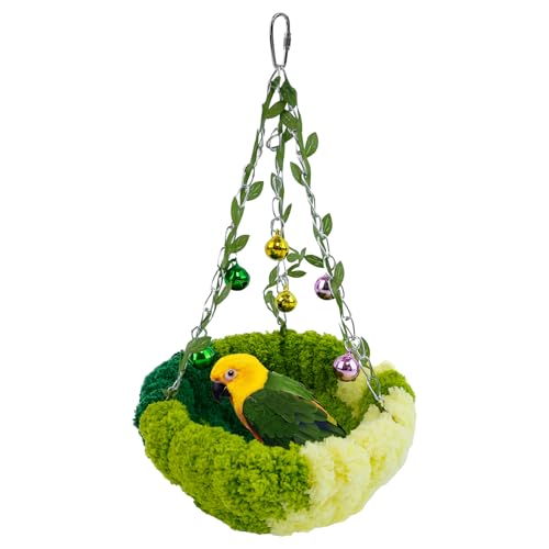 Admaison Bird Nest with Bell for Cage,Plush Hanging Bird Bed for Parakeet Indoor & Outdoor,Breeding Bird House for Conure,Budgie,Cockatiel,Lovebird,Canary,Finch,Hamster,Small Pets,Warm Nest,Green L