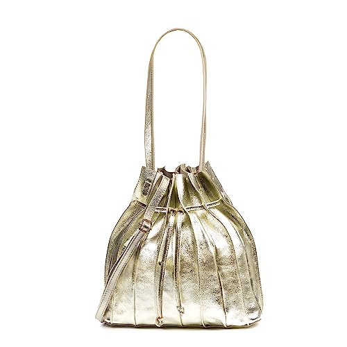 Firenze Artegiani. Albiolo bolso de hombro de mujer. Piel auténtica gamuza lacado. 32×15,5×30 cm. Color: Champagne