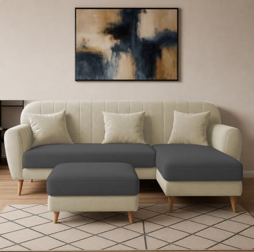 Image of Atticus RHS 4 Seater L Shape Sofa Set with Ottoman for Living Room (Cream Black Fabric) Premium Fabric Sofa Set