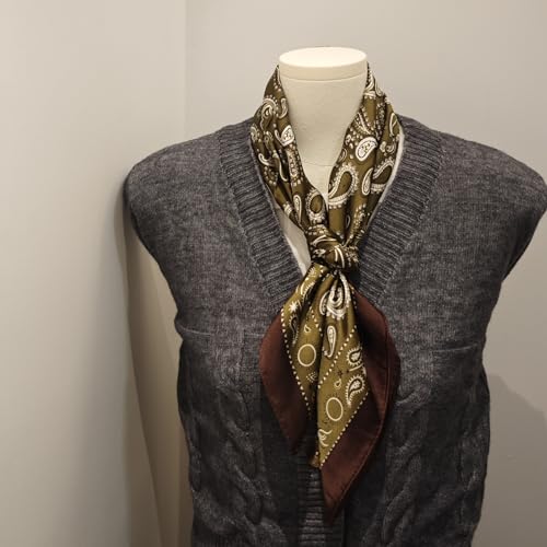 GIMIRO Foulard en Soie Polyester, 70 x 70 cm, Motifs Géométriques et Floraux, Style Élégant, Olive et Marron, Bandana pour Femmes (Olive Green Coffee Beige PSL) – vue 6