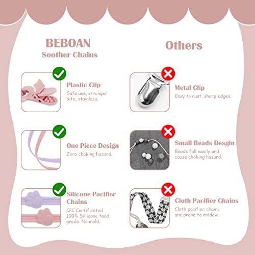 BEBOAN Silicone Dummy Clips for Boys and Girls, 2 Pack Soother Chains Pacifier Holders Leashes Clips with Clasp for Teething Toys Baby Shower, Pink&Purple