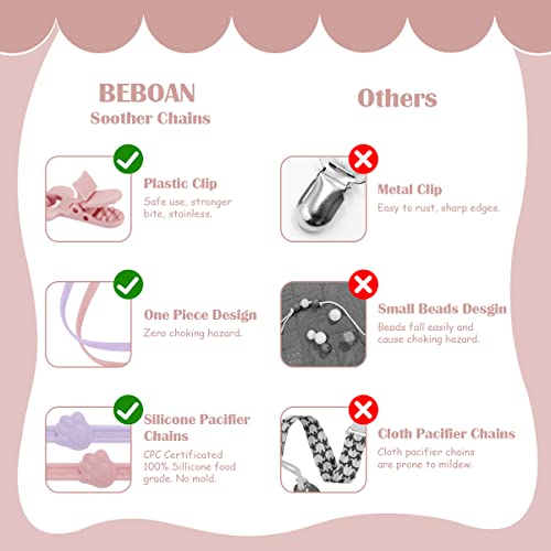 Beboan Silicone Pacifier Holder Clips For Baby Girls, 2 Pack Neutral Newborn Teething Paci Leash Straps Stretchable Cord Toys, Adjustable Length(Pink&Purple) #TOP1
