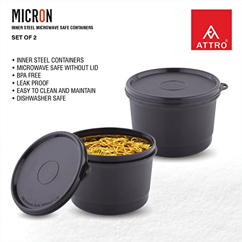 Image of ATTRO Set of 4 Micron Stainless Steel Double Wall Storage Containers Airtight & Leak Proof Containers for Office Use, School, Picnic, 550ml -Black