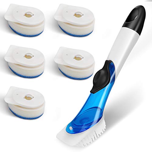 MECO Scrub Sponge, 5 Replacement Sponge Heads with Handle 1 Dish Silicone Brush and 1 Hidden Mini Brush Kitchen Dish Wand Non-Scratch Sponges Dispensing Cleaning Brush for Kitchen Sink Pot